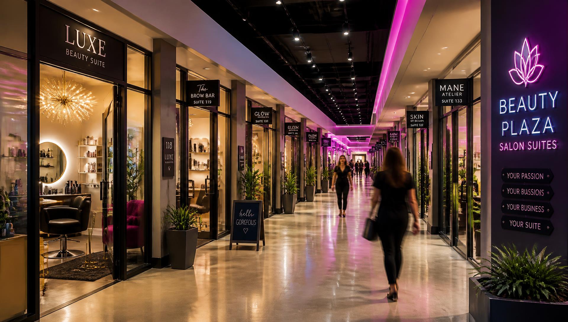 Wide corridor of glass-front salon suite doors inside Forest Park Salon Suites Mall with beauty professionals walking between suites