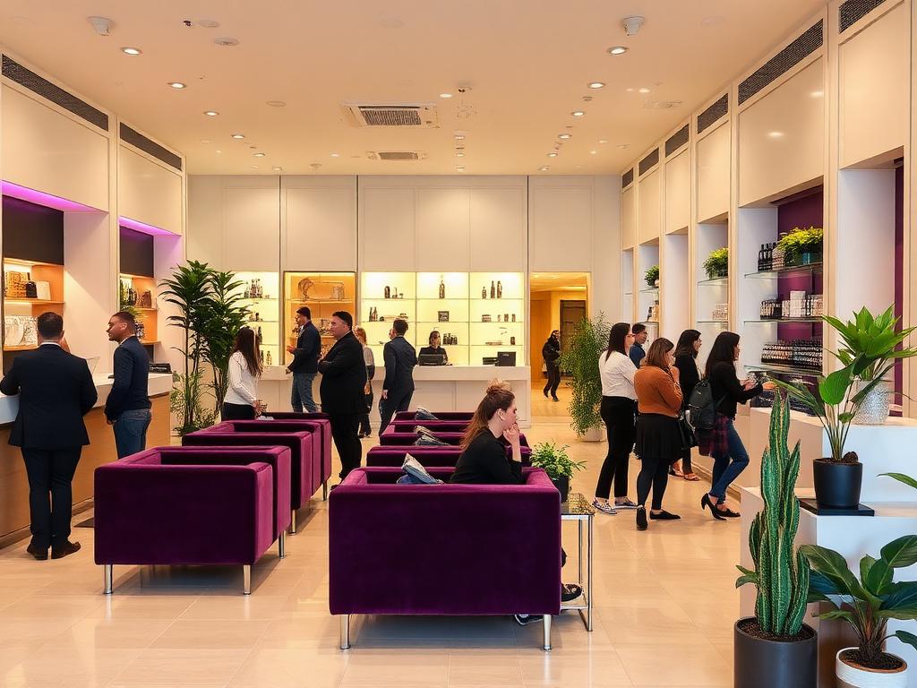 Busy shared reception and waiting lounge with velvet seating and retail shelves inside the Forest Park beauty mall