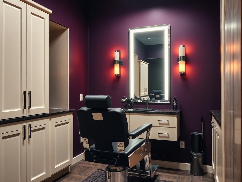 Barber Suite available for rent at Forest Park Salon Suites Mall — Barber chair, counter, wash access, storage