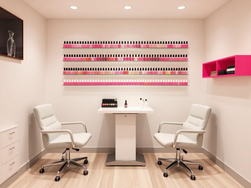 Nail Studio Suite available for rent at Forest Park Salon Suites Mall — Manicure table, client seating, polish wall display